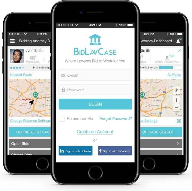 BidLawCase mobil uygulama ekranları